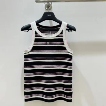 Chanel Women Black and White Striped Tank Top with Pink Detail
