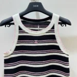 Chanel Women Black and White Striped Tank Top with Pink Detail