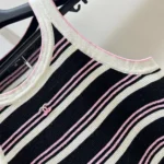 Chanel Women Black and White Striped Tank Top with Pink Detail