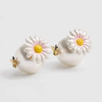 Dior Women Daisy Dior Tribales Earrings Gold-Finish Metal White Resin Pearls and Multicolor Lacquer