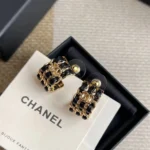 Chanel Women Hoop Earrings Metal & Lambskin Golden & Black ABH154