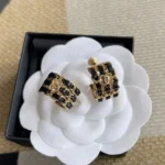 Chanel Women Hoop Earrings Metal & Lambskin Golden & Black ABH154