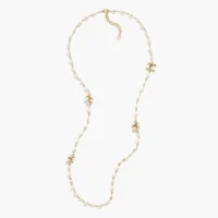 Chanel Women Long Necklace Metal & Glass Pearls Gold & Pearly White ABH230