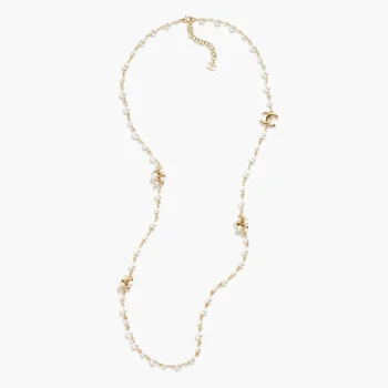 Chanel Women Long Necklace Metal & Glass Pearls Gold & Pearly White ABH230