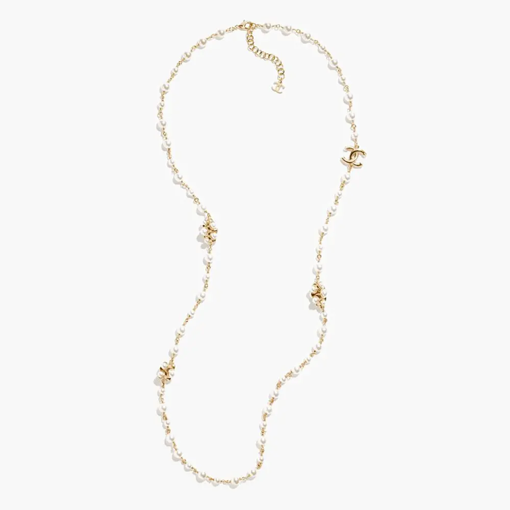 Chanel Women Long Necklace Metal & Glass Pearls Gold & Pearly White ABH230 (1) Chanel Women Long Necklace Metal & Glass Pearls Gold & Pearly White ABH230