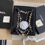 Chanel Women Long Necklace Metal & Glass Pearls Gold & Pearly White ABH230