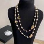 Chanel Women Long Necklace Metal & Glass Pearls Gold & Pearly White ABH230