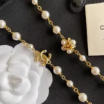 Chanel Women Long Necklace Metal & Glass Pearls Gold & Pearly White ABH230