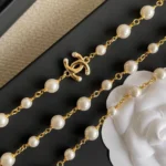 Chanel Women Long Necklace Metal & Glass Pearls Gold & Pearly White ABH230