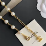 Chanel Women Long Necklace Metal & Glass Pearls Gold & Pearly White ABH230