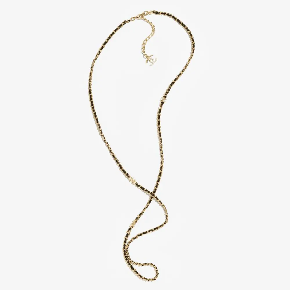 Chanel Women Long Necklace Metal & Lambskin Golden & Black ABH266 (1) Chanel Women Long Necklace Metal & Lambskin Golden & Black ABH266