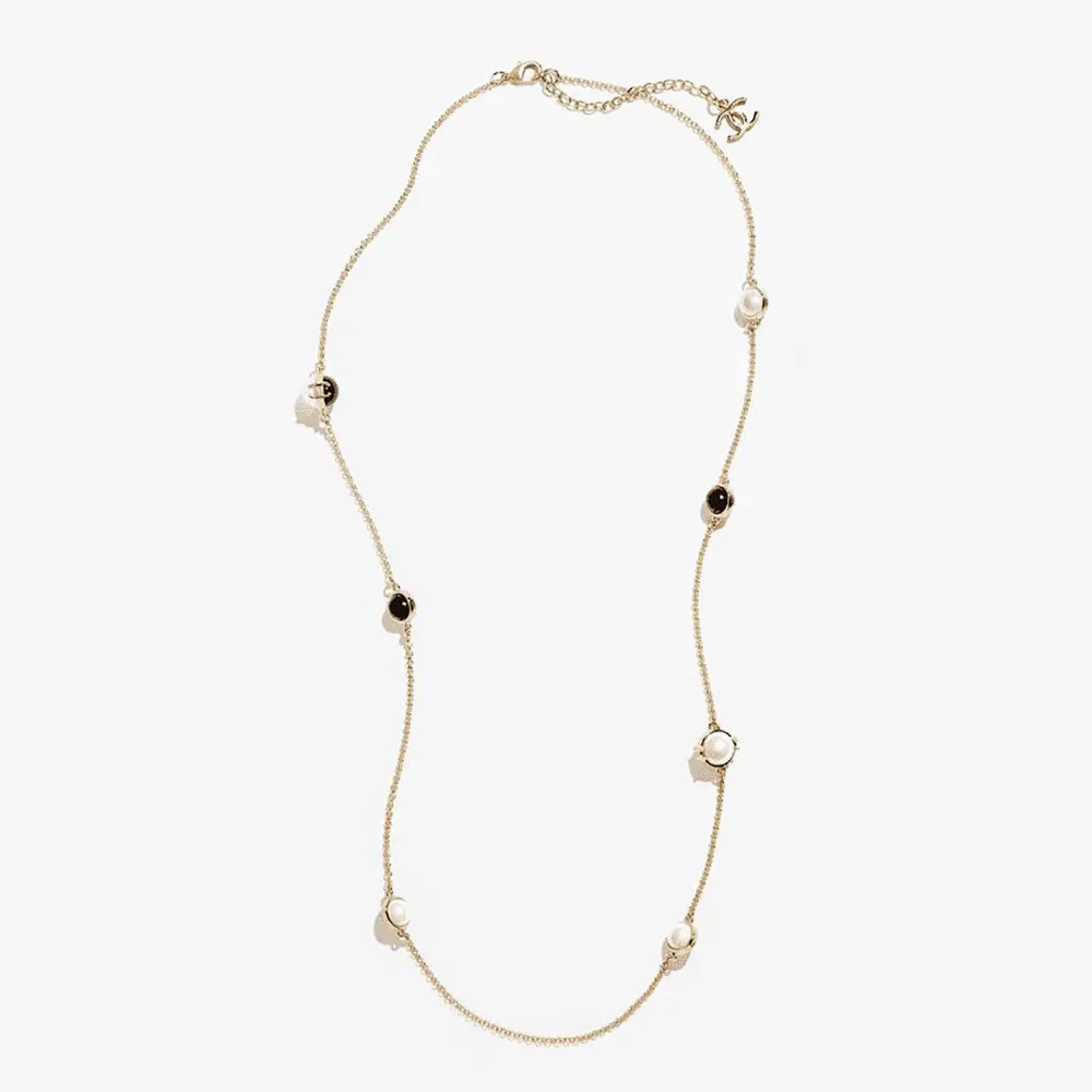 Chanel Women Long Necklace Metal & Resin Gold Black & Pearly White ABH162 (1) Chanel Women Long Necklace Metal & Resin Gold Black & Pearly White ABH162