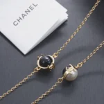 Chanel Women Long Necklace Metal & Resin Gold Black & Pearly White ABH162