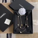 Chanel Women Long Necklace Metal & Resin Gold Black & Pearly White ABH162
