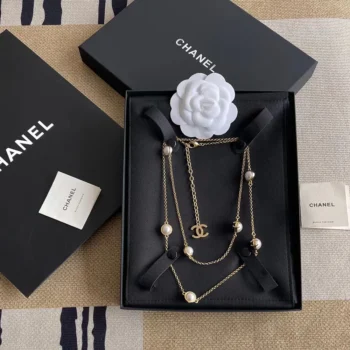Chanel Women Long Necklace Metal & Resin Gold Black & Pearly White ABH162
