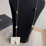 Chanel Women Long Necklace Metal & Resin Gold Black & Pearly White ABH162