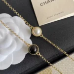 Chanel Women Long Necklace Metal & Resin Gold Black & Pearly White ABH162