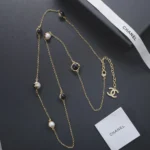Chanel Women Long Necklace Metal & Resin Gold Black & Pearly White ABH162