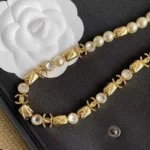 Chanel Women Metal Glass Pearls & Strass Gold Pearly White & Crystal ABH257