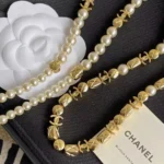 Chanel Women Metal Glass Pearls & Strass Gold Pearly White & Crystal ABH257