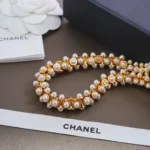 Chanel Women Necklace Metal & Glass Pearls Gold & Pearly White ABH232