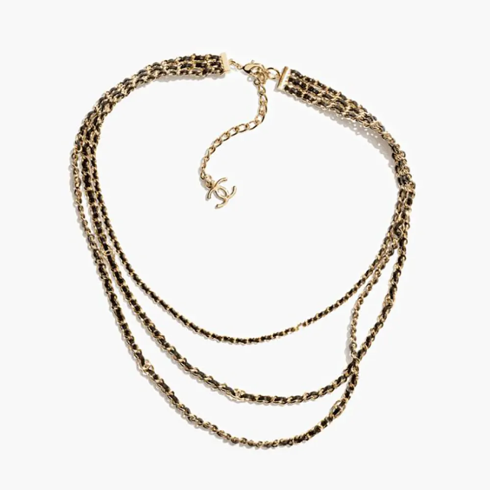 Chanel Women Necklace Metal & Lambskin Golden & Black ABH241 (1) Chanel Women Necklace Metal & Lambskin Golden & Black ABH241