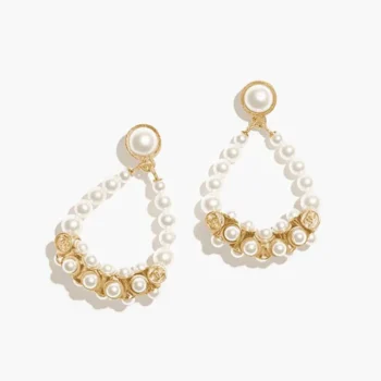 Chanel Women Pendant Earrings Metal & Glass Pearls Gold & Pearly White ABH234