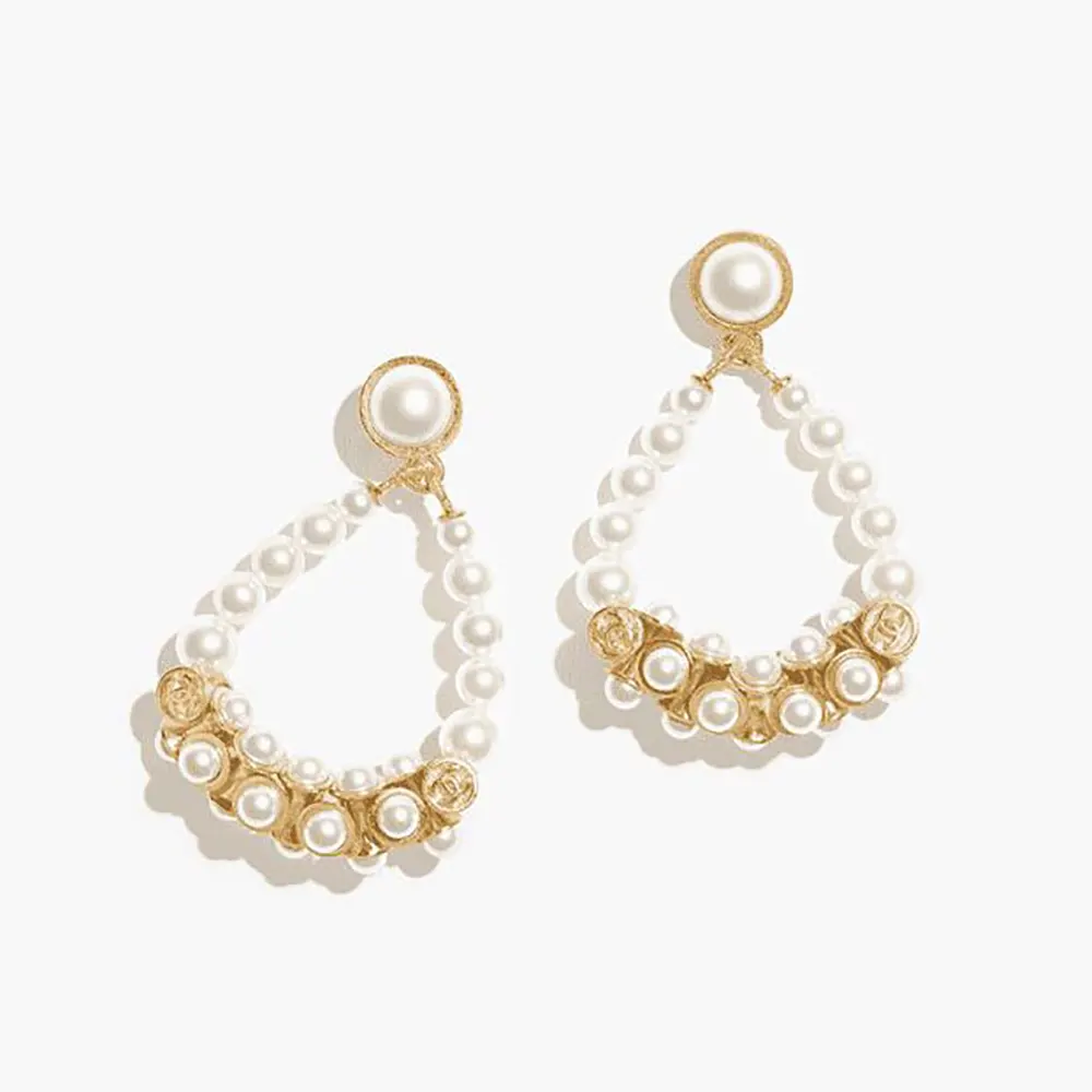 Chanel Women Pendant Earrings Metal & Glass Pearls Gold & Pearly White ABH234 (1) Chanel Women Pendant Earrings Metal & Glass Pearls Gold & Pearly White ABH234