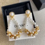 Chanel Women Pendant Earrings Metal & Glass Pearls Gold & Pearly White ABH234