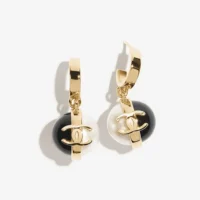 Chanel Women Pendant Earrings Metal & Resin Gold Black & Pearly White