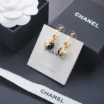 Chanel Women Pendant Earrings Metal & Resin Gold Black & Pearly White