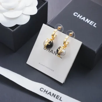 Chanel Women Pendant Earrings Metal & Resin Gold Black & Pearly White