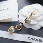 Chanel Women Pendant Earrings Metal & Resin Gold Black & Pearly White