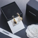 Chanel Women Pendant Earrings Metal & Resin Gold Black & Pearly White