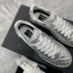 Chanel Women Sneakers Laminated Lambskin & Suede Calfskin Silver & Beige G47008