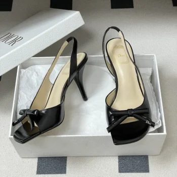 Dior Women Bow Heeled Slingback Sandal Black Lambskin KCO632LAB