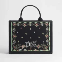 Dior Women Dioramour Medium Dior Book Tote with Strap Black Multicolor Revolution Flowers Embroidery