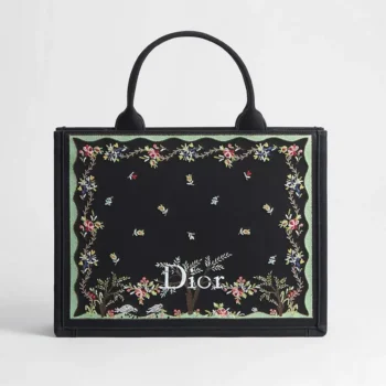 Dior Women Dioramour Medium Dior Book Tote with Strap Black Multicolor Revolution Flowers Embroidery