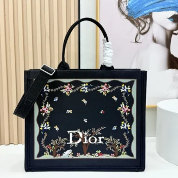 Dior Women Dioramour Medium Dior Book Tote with Strap Black Multicolor Revolution Flowers Embroidery