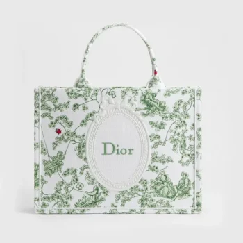 Dior Women Medium Dior Book Tote with Strap Green Multicolor Toile de Jouy Clover Embroidery