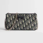 Dior Women Oblique Bow Pouch with Chain Blue Dior Oblique Jacquard