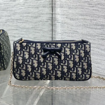Dior Women Oblique Bow Pouch with Chain Blue Dior Oblique Jacquard