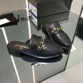 Chanel Women Black CC Leather Braided Mules