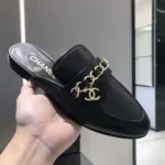 Chanel Women Black CC Leather Braided Mules