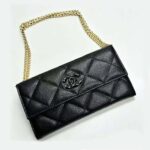 Chanel Women Classic Wallet with Chain Grained Shiny Calfskin Gold Tone Metal-Black