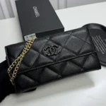 Chanel Women Classic Wallet with Chain Grained Shiny Calfskin Gold Tone Metal-Black