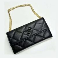 Chanel Women Classic Wallet with Chain Grained Shiny Calfskin Gold Tone Metal-Black