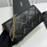 Chanel Women Classic Wallet with Chain Grained Shiny Calfskin Gold Tone Metal-Black