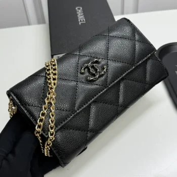 Chanel Women Classic Wallet with Chain Grained Shiny Calfskin Gold Tone Metal-Black