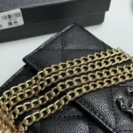 Chanel Women Classic Wallet with Chain Grained Shiny Calfskin Gold Tone Metal-Black